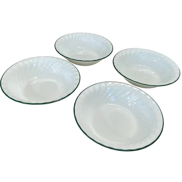 Set Of 4 Corelle White Swirl Rimmed Soup Bowls With Green Trim 6.25" Diameter Du - Picture 4 of 6